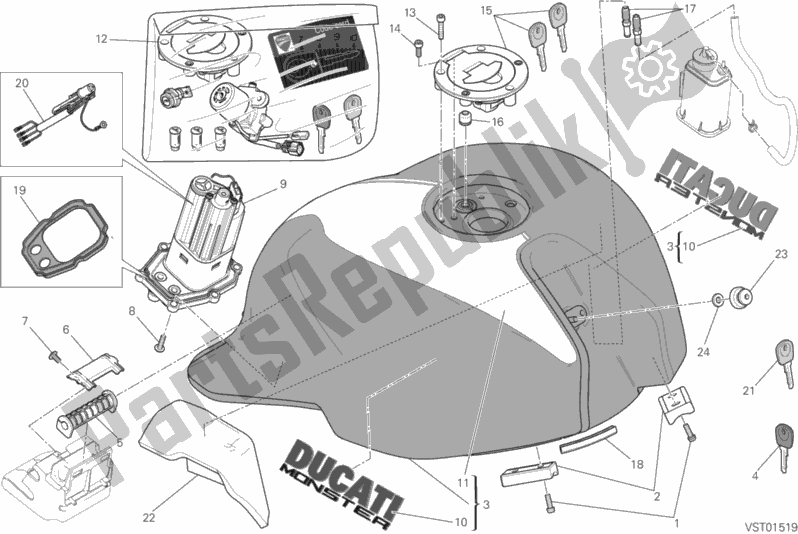 All parts for the Fuel Tank of the Ducati Monster 1200 S Stripes USA 2015